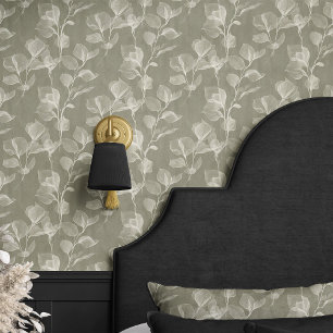 Papel Pintado Hojas Botánicas Suaves sobre Gris Oliva