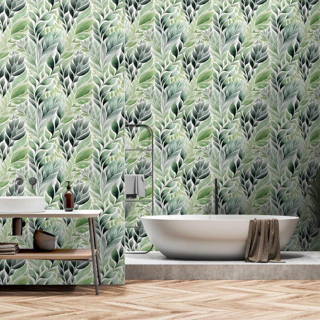 Papel Pintado Hojas Botánicas Verdes Naturaleza Serena (Baño)