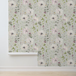 Papel Pintado Hojas de amapolas elegantes patrón floral de seda