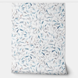 Papel Pintado Hojas de color azul gris de la acuarela en blanco