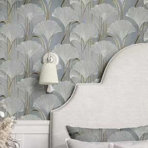 Papel Pintado Hojas de Ginkgo Art Déco en Azul