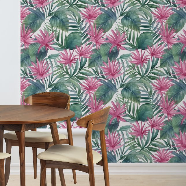 Papel Pintado Hojas de jungla hojas de paleta verde rosa (Subido por el creador)