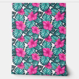 Papel Pintado Hojas de monstera e Hibiscus Verde azuladas y rosa