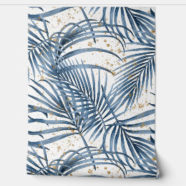 Papel Pintado Hojas exóticas con brillo dorado azul polvoriento