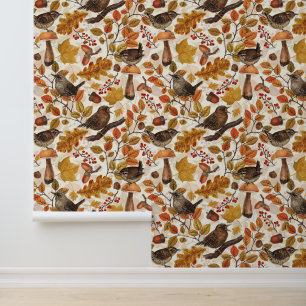 Papel Pintado Hojas otoñales, bayas, setas y venas