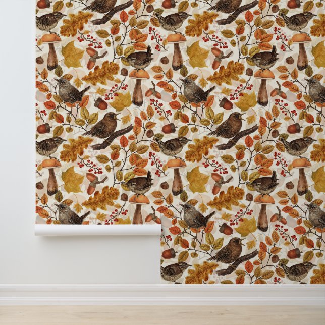 Papel Pintado Hojas otoñales, bayas, setas y venas (Solicitud)