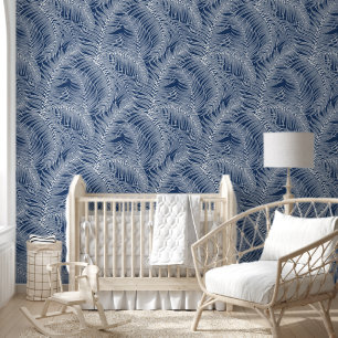 Papel Pintado Hojas tropicales de palma azul blanco