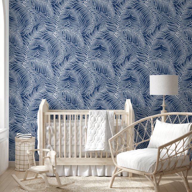 Papel Pintado Hojas tropicales de palma azul blanco (Niños)