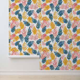 Papel Pintado Hojas tropicales de palmeras amarillas rosadas y a