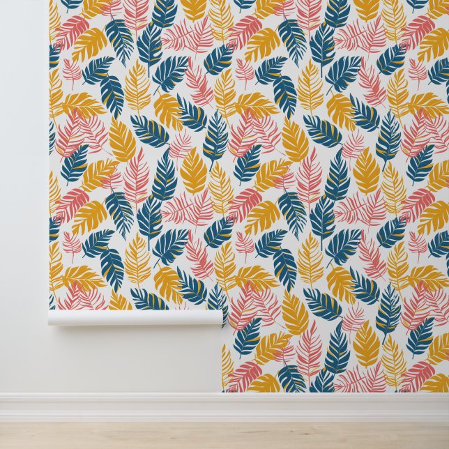 Papel Pintado Hojas tropicales de palmeras amarillas rosadas y a (Solicitud)
