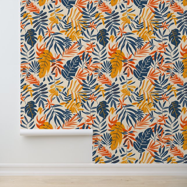 Papel Pintado Hojas tropicales de palmeras de verano amarillo az (Solicitud)