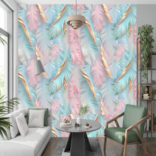 Papel Pintado Hojas tropicales doradas rosadas pastorales