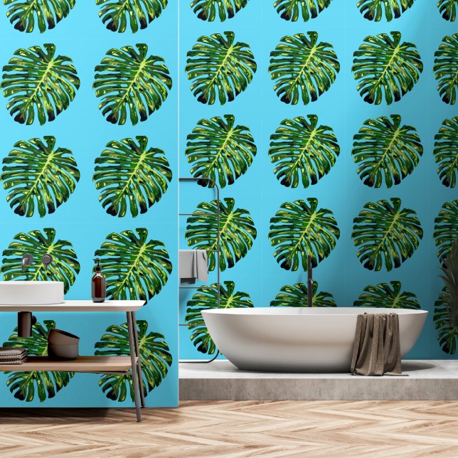 Papel Pintado Hojas tropicales en el cielo azul (Baño)