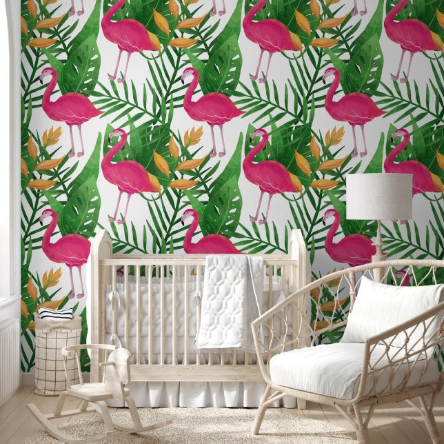 Papel Pintado Hojas tropicales, flores, patrón de flamencos rosa (Niños)