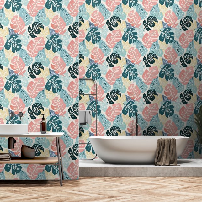Papel Pintado Hojas tropicales Pastel Turquesa Rosa Amarillo (Baño)