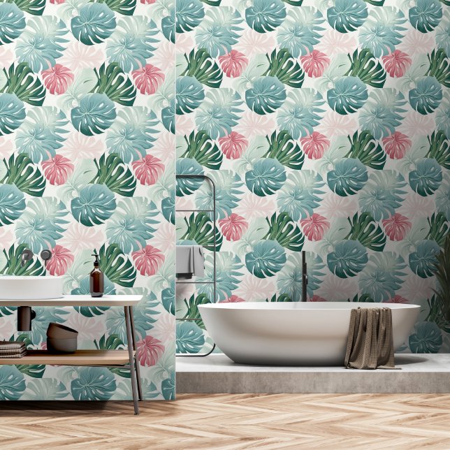 Papel Pintado Hojas tropicales Pastel Turquesa Rosa Verde (Baño)