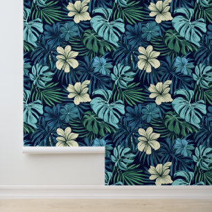 Papel Pintado Hojas tropicales y flores verde azul