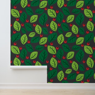 Papel Pintado Hojas verdes, bayas rojas, patrón de hojas