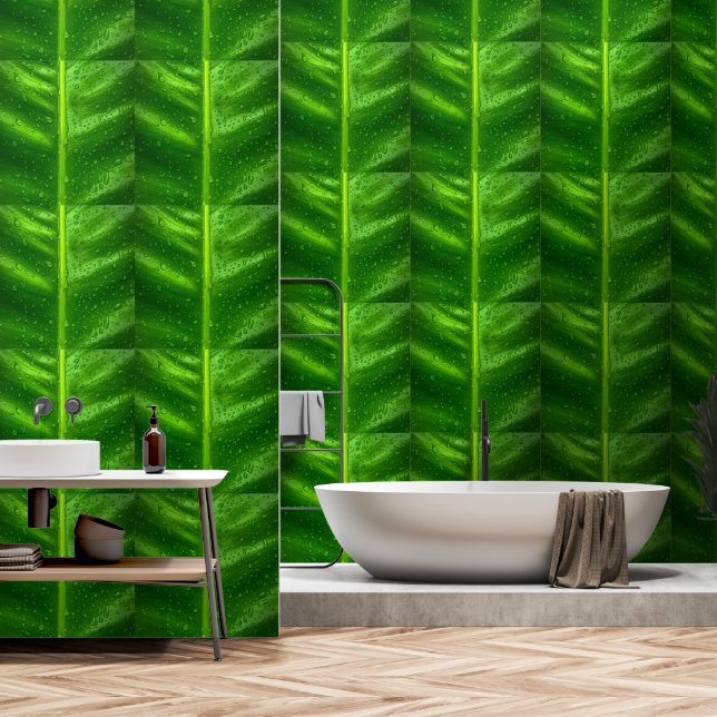 Papel Pintado Hojas verdes con caídas de lluvia (Baño)