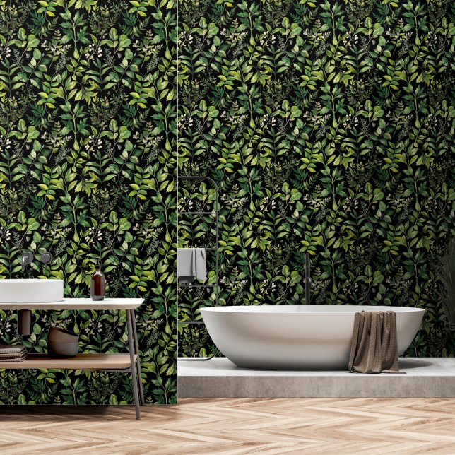 Papel Pintado Hojas verdes de negro botánico (Baño)