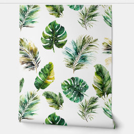Papel Pintado Hojas verdes tropicales blancas