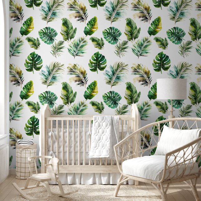 Papel Pintado Hojas verdes tropicales blancas (Niños)
