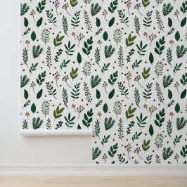 Papel Pintado Hojas verdes y flores verdes sobre blanco