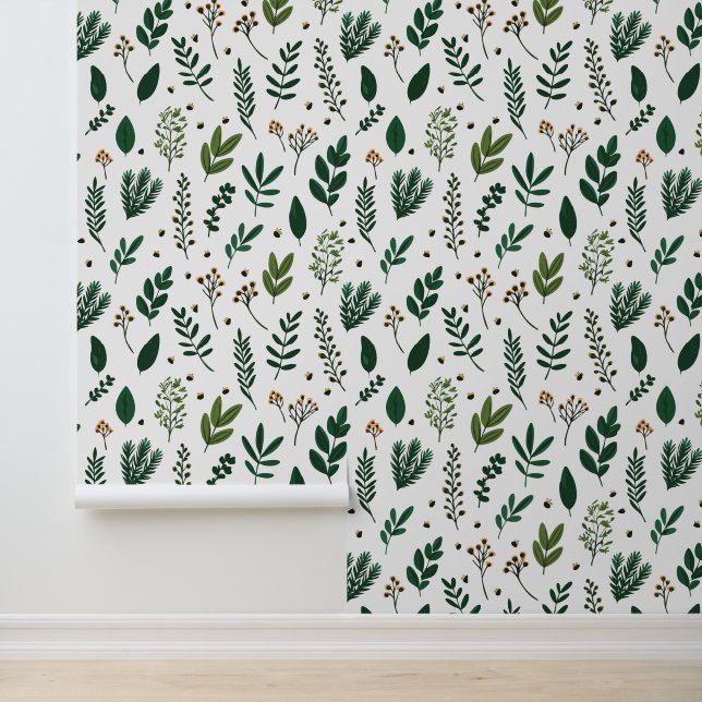 Papel Pintado Hojas verdes y flores verdes sobre blanco (Solicitud)