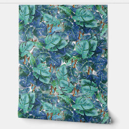 Papel Pintado Hojas y mariposas de color azul turquesa en Monste