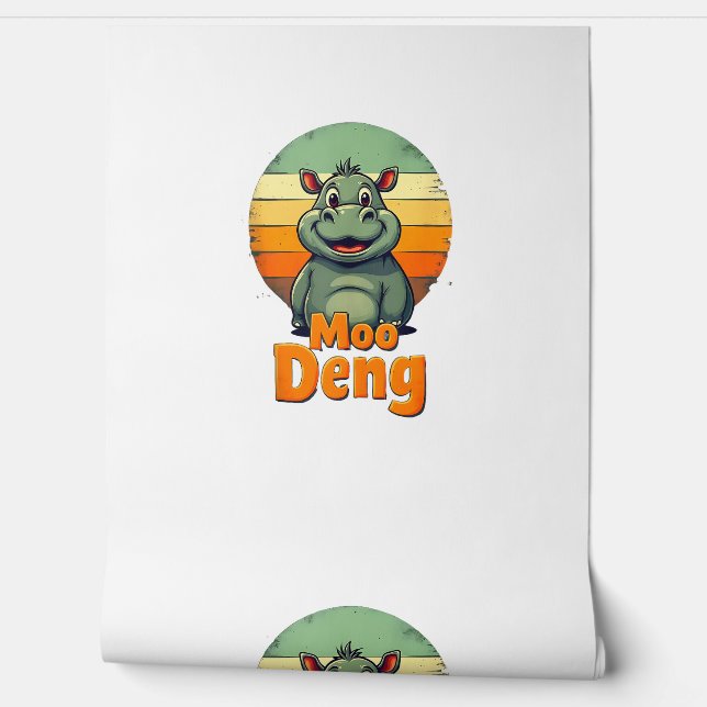 Papel Pintado Hombres Moo Deng_ Bebé Adorable Hippo Retro Sunset (Desenrollar)