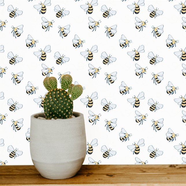 Papel Pintado Honey Bee White (Pretty little yellow and  white honey bee pattern art wallpaper)