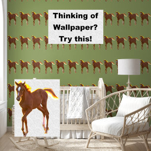 Papel Pintado Horse Fool Golden Brown en Sage Green Pattern