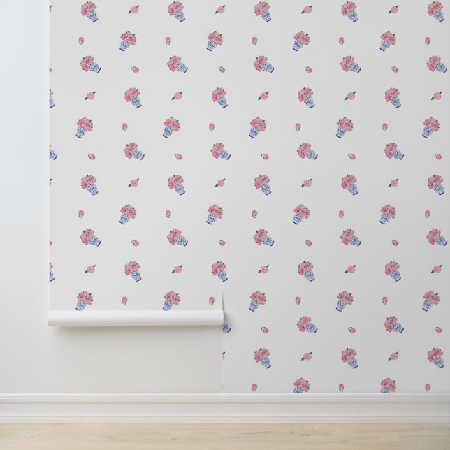Papel Pintado Hydrangeas rosas en la serie azul Chinoiserie Vase (Solicitud)