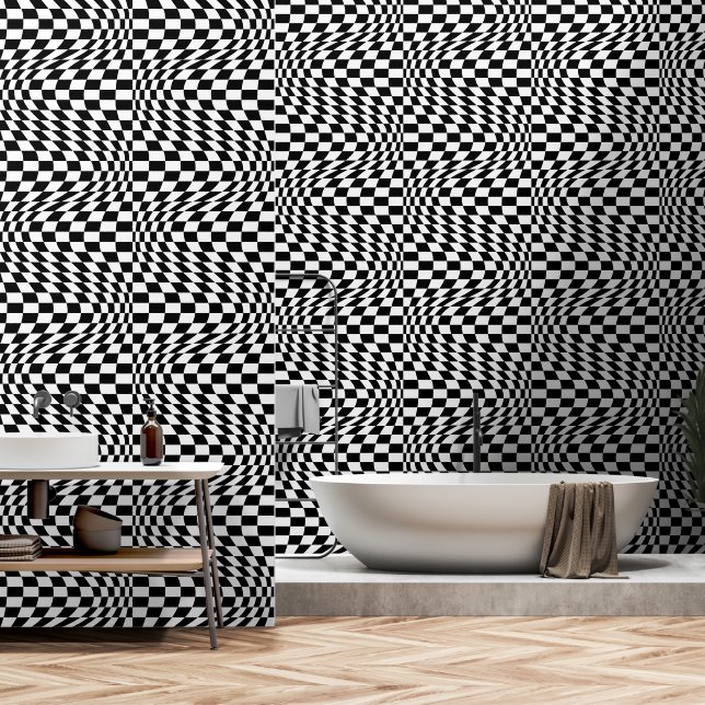 Papel Pintado Ilusión abstracta en blanco y negro retorcida (Baño)