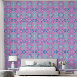 Papel Pintado Ilustracion Chintz Bohemio Blanco Azul Rosa