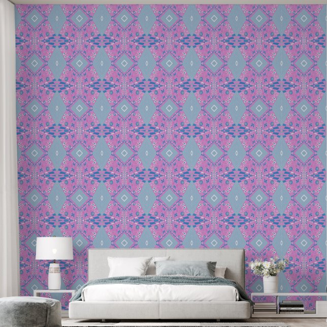 Papel Pintado Ilustracion Chintz Bohemio Blanco Azul Rosa (Dormitorio)