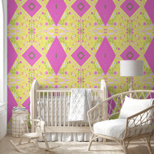 Papel Pintado Ilustracion Chintz Bohemio Verde Rosa Amarillo
