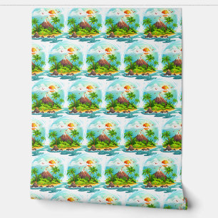Papel Pintado Ilustracion tropical con vistas al océano