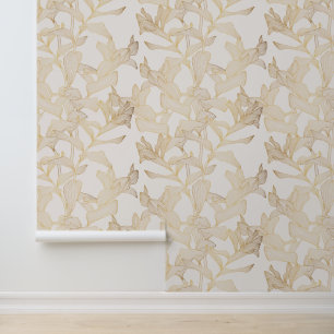 Papel Pintado Ilustracion tropical de línea dorada exótico.
