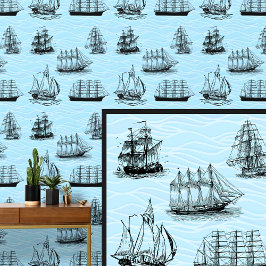 Papel Pintado Ilustraciones de barcos de vela en olas azules