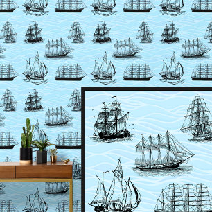 Papel Pintado Ilustraciones de barcos de vela en olas azules