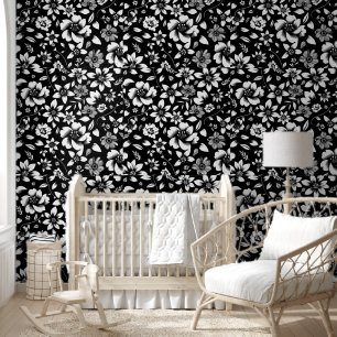 Papel Pintado Impresión de hojas florales modernas en blanco y n