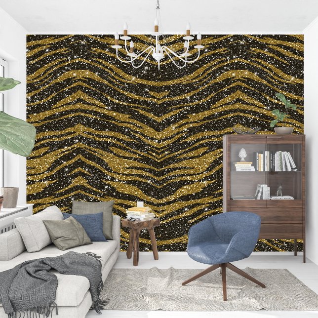 Papel Pintado Impresión de tigre negro y dorado de la espuma fra (Royal French Sparkle black and golden tigger print Wallpaper)
