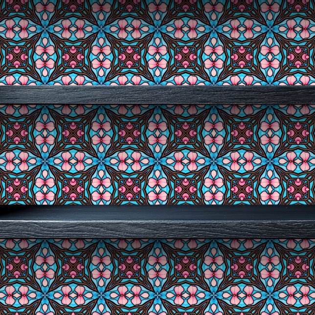 Papel Pintado Impresión floral geométrica de vidrio manchado peq (Stained Glass Geometric Floral Small Print Wallpaper on a shelf)