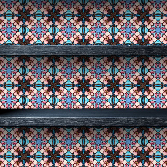 Papel Pintado Impresión geométrica simétrica de vidrio manchado  (Stained Glass Geometric Symmetrical Small Print Wallpaper on Shelf)