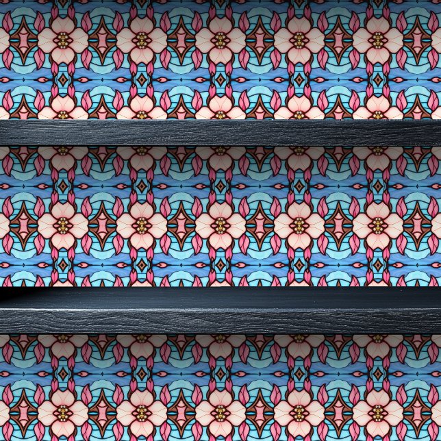Papel Pintado Impresión pequeña de flores rosadas de vidrio manc (Stained Glass Pink Flowers Small Print Wallpaper on a shelf)