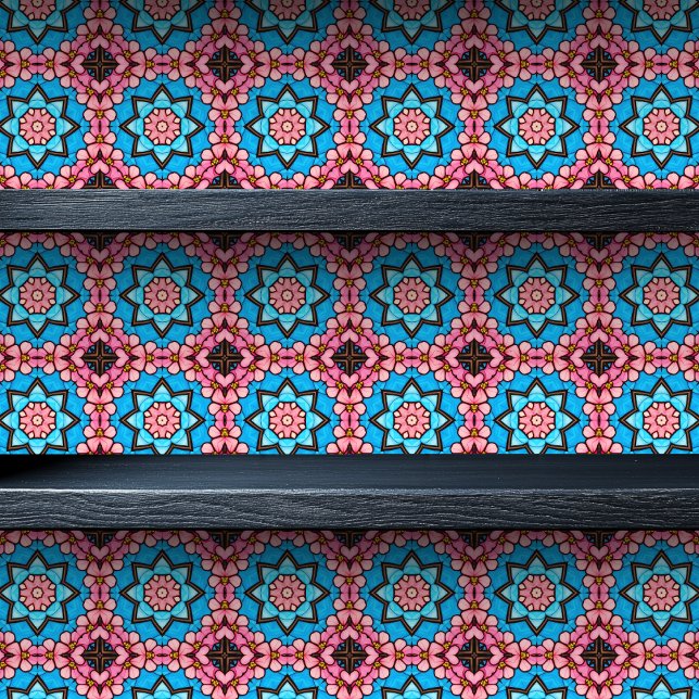 Papel Pintado Impresión pequeña de Starburst Floral de vidrio te (Stained Glass Floral Starburst Small Print Wallpaper on a shelf)