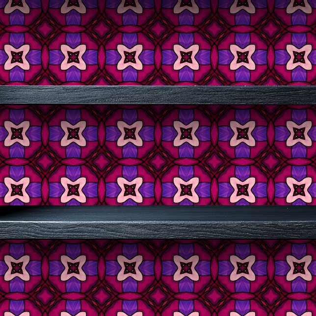 Papel Pintado Impresión pequeña magenta arábiga de vidrio templa (Stained Glass Magenta Arabesque Small Print Wallpaper on a shelf)