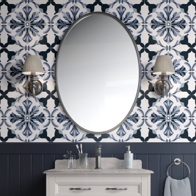 Papel Pintado Indigo Floral Elegancia Naval y País Gris Francés (Timeless Indigo Floral Tiles Peel and Stick Wallpaper)