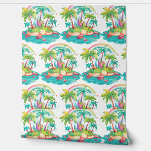 Papel Pintado Isla tropical con palmeras y arcoiris